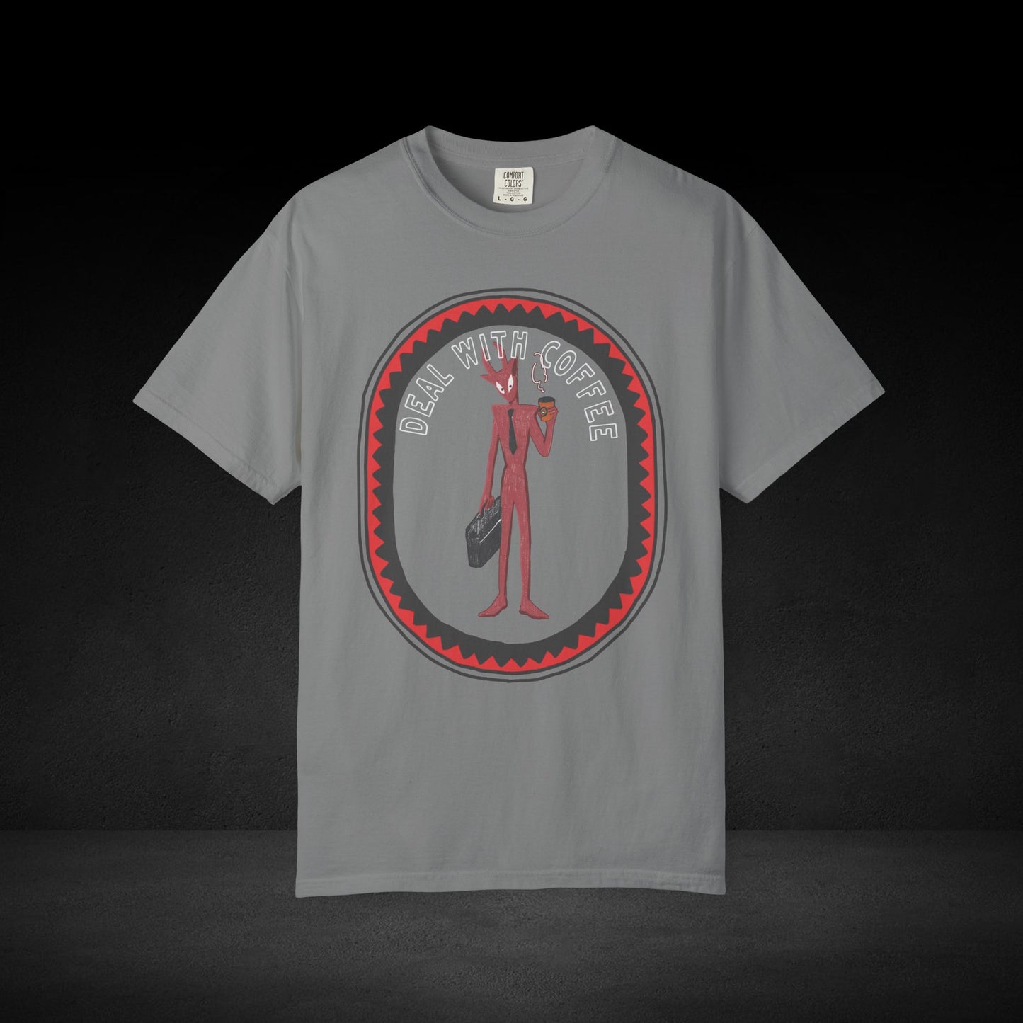 Devil’s Coffee Break Tee – Business Devil with Briefcase and Coffee Cup Graphic Shirt