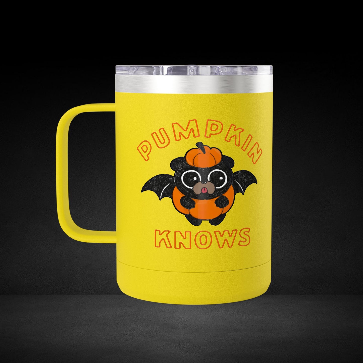 Pumpkin Knows Coffee Mug – Cute Bat in Pumpkin Design - Possessed by Coffee Travel Mug