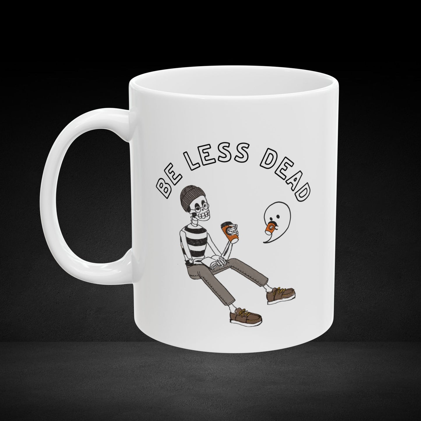 Be Less Dead – Skeleton and Ghost Coffee Crew Mug