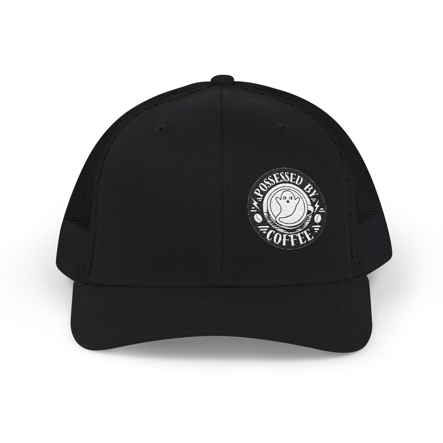 Possessed by Coffee Trucker Hat — White on Black