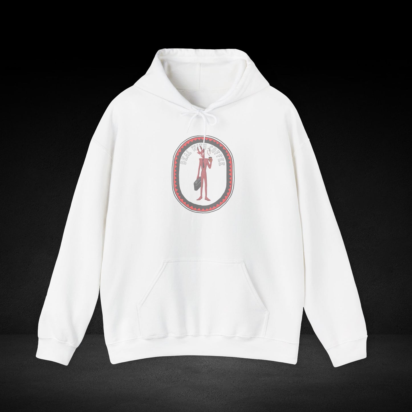 A white hoodie with a graphic design on the front.