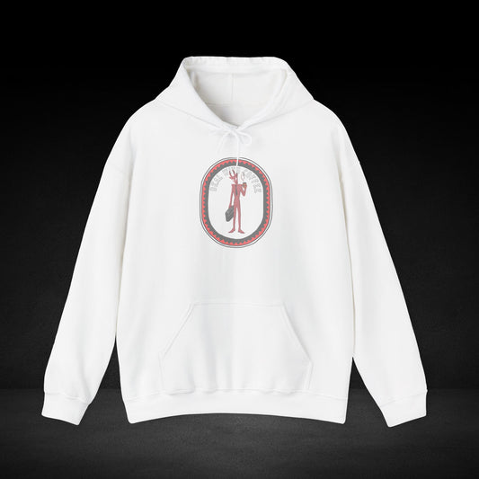 A white hoodie with a graphic design on the front.