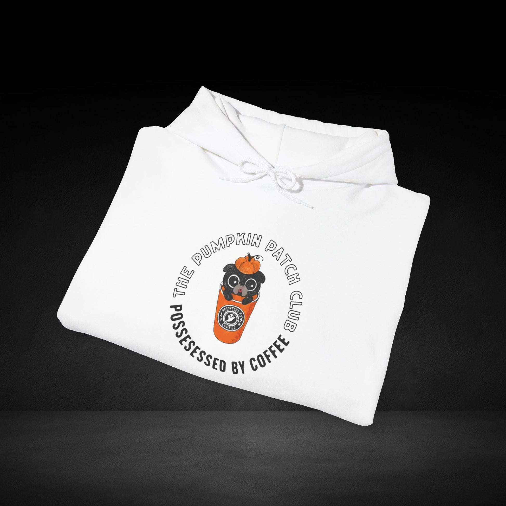 A white hoodie with a graphic design and text printed on it.