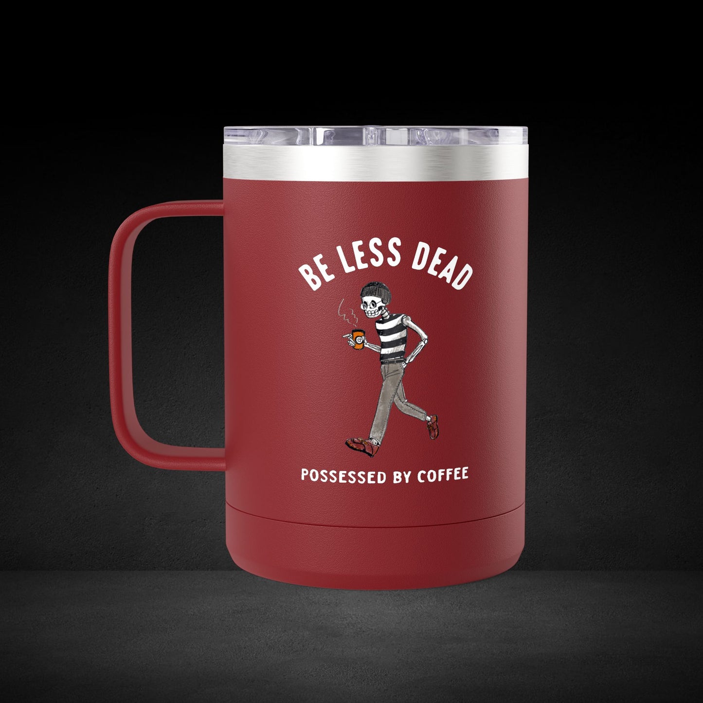 Skeleton Stroll Coffee Mug – Cool Walking Skeleton with Steaming Cup - Possessed by Coffee Travel Mug