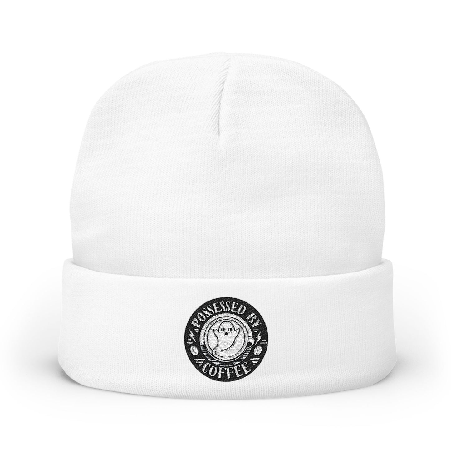 Embroidered Possessed By Coffee Knit Beanie - B&W