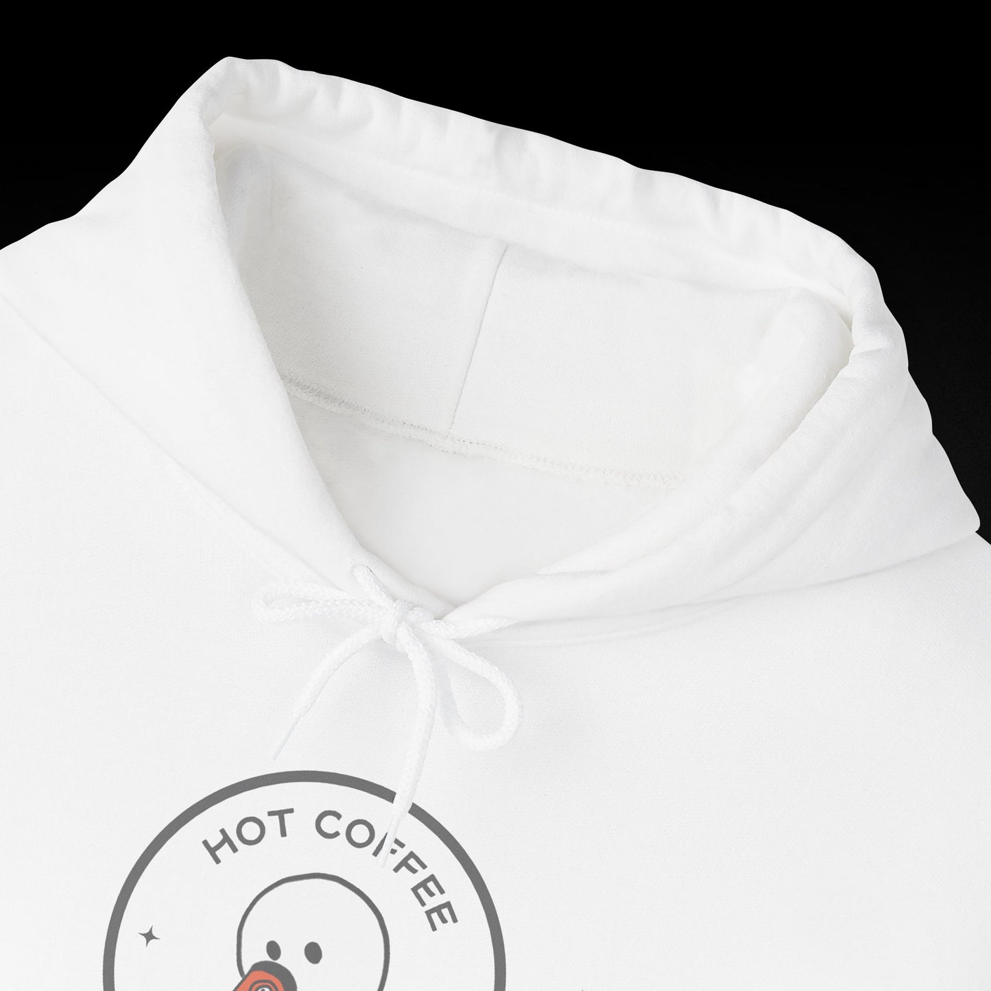 A white hoodie with a circular logo that says "HOT COFFEE".
