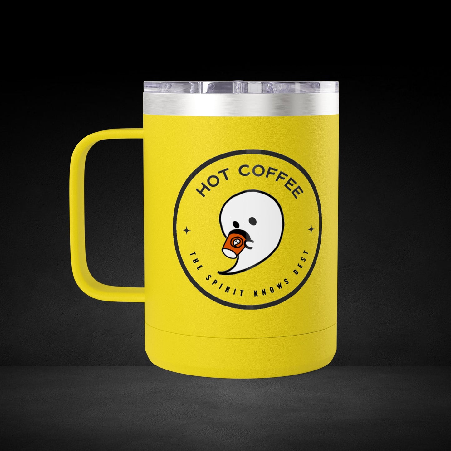 Hot Coffee The Spirit Knows Best Ghost Travel Mug - Minimalist Badge Design Coffee Cup