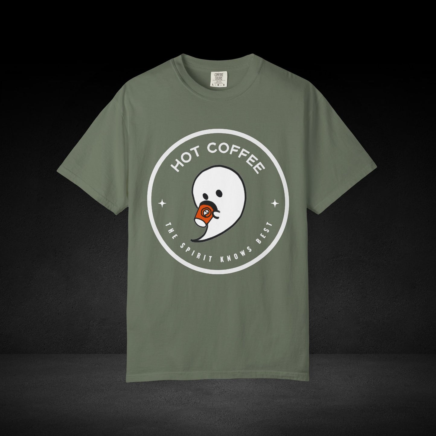 Hot Coffee Ghost Tee – “The Spirit Knows Best” Coffee Lover Graphic Shirt