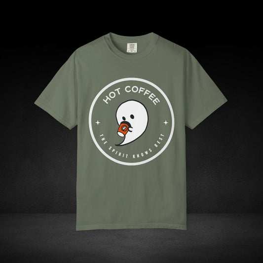 Hot Coffee Ghost Tee – “The Spirit Knows Best” Coffee Lover Graphic Shirt