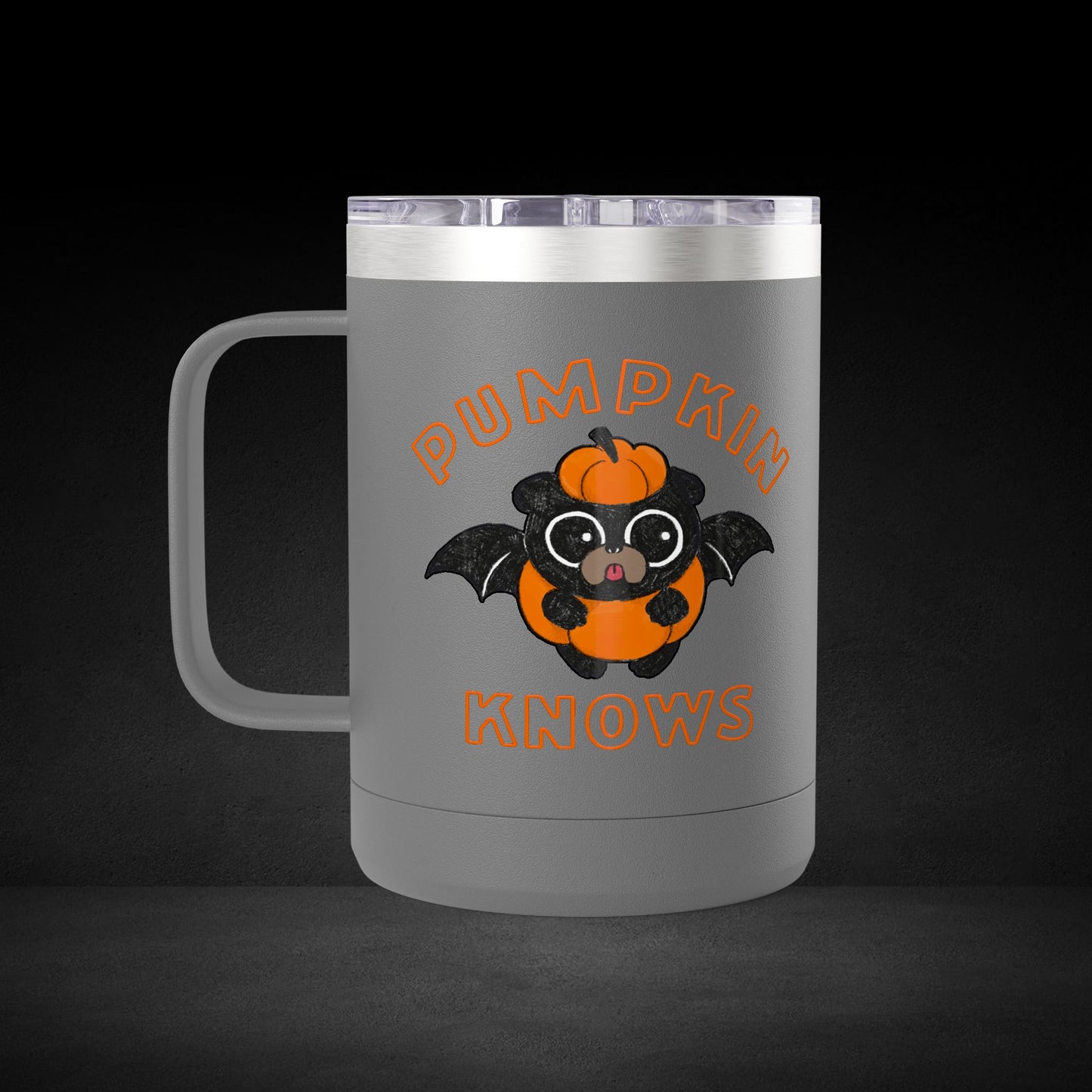 Pumpkin Knows Coffee Mug – Cute Bat in Pumpkin Design - Possessed by Coffee Travel Mug