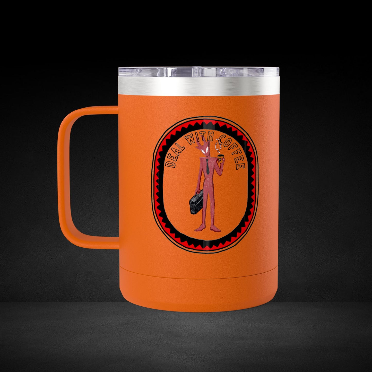 Deal With Coffee Devil Travel Mug - Business Professional Coffee Cup with Vintage Badge Design