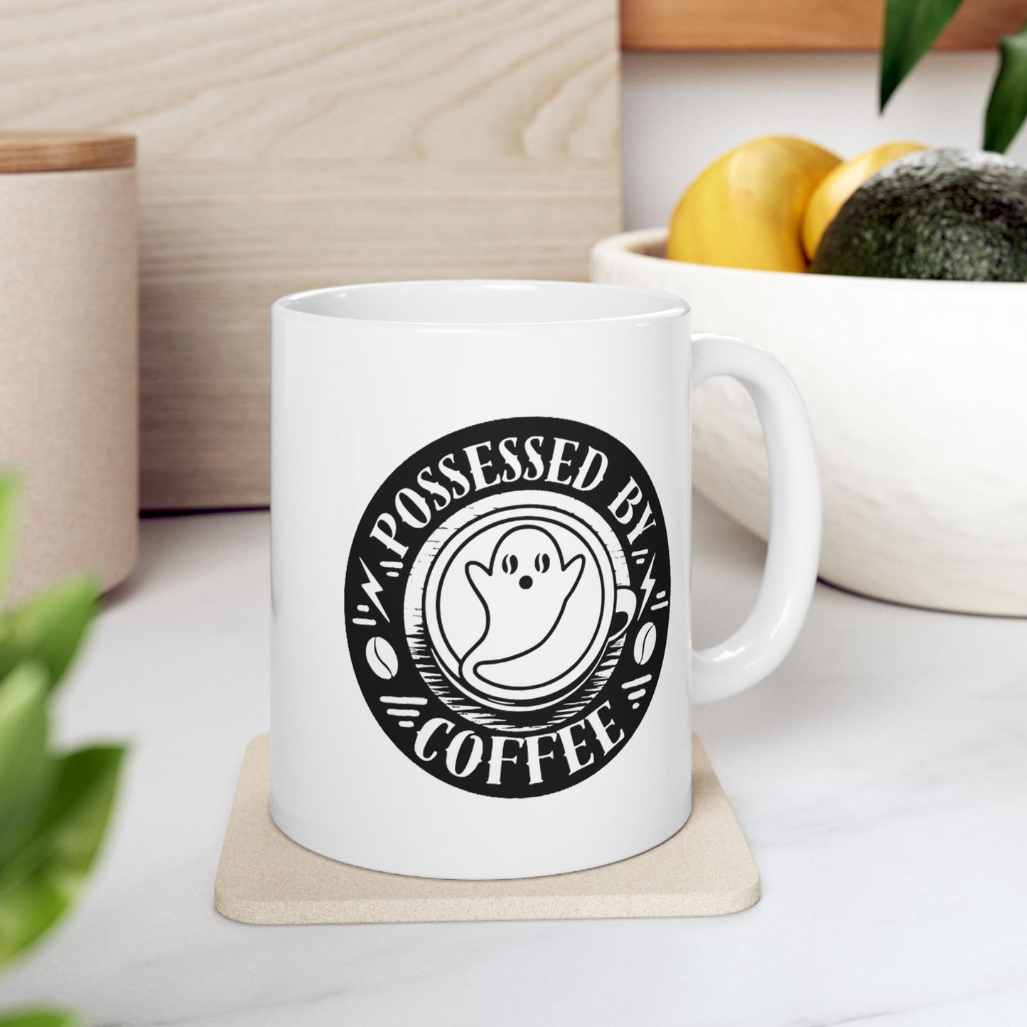 Possessed by Coffee Mug — Black on White Ceramic 11oz & 15oz