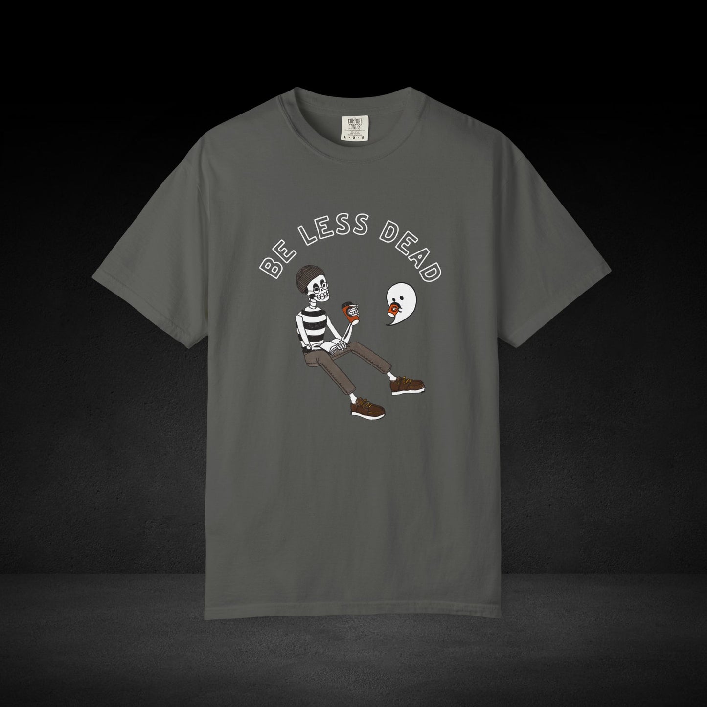 Be Less Dead Coffee Tee – Skeleton and Ghost Sharing a Brew Graphic T-Shirt