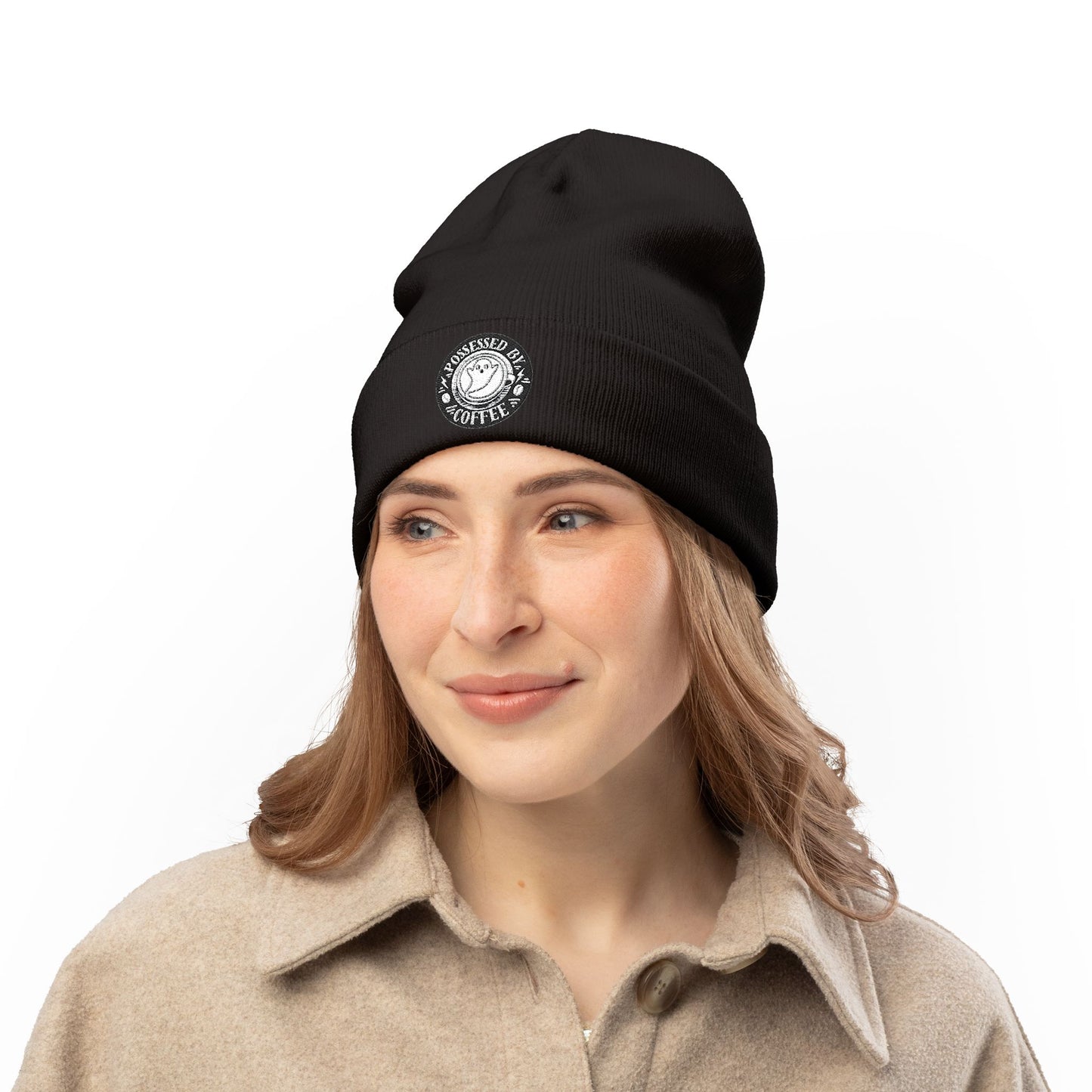 Embroidered Possessed By Coffee Knit Beanie - B&W