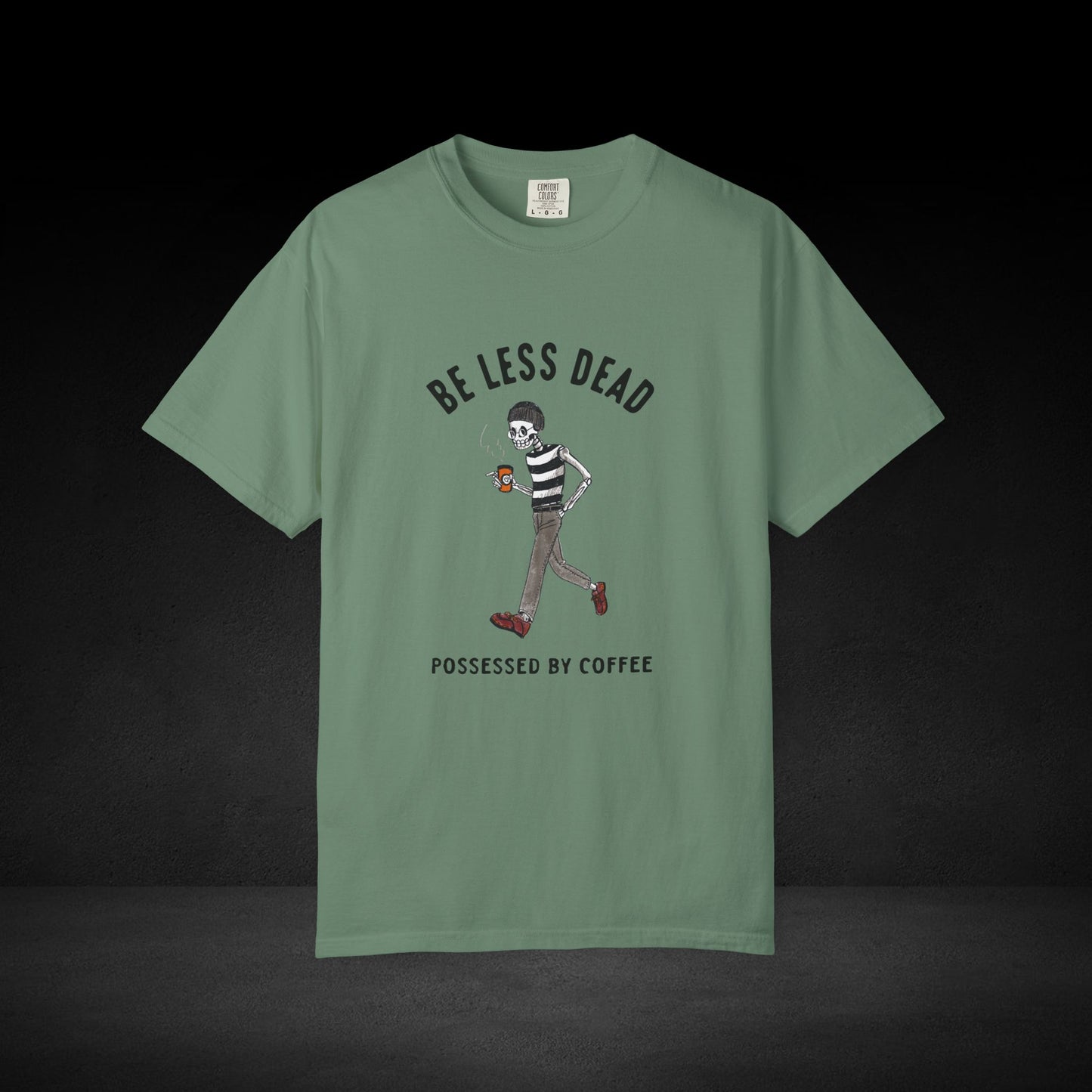 Skeleton Stroll Coffee Tee – Cool Walking Skeleton with Coffee Cup Graphic T-Shirt