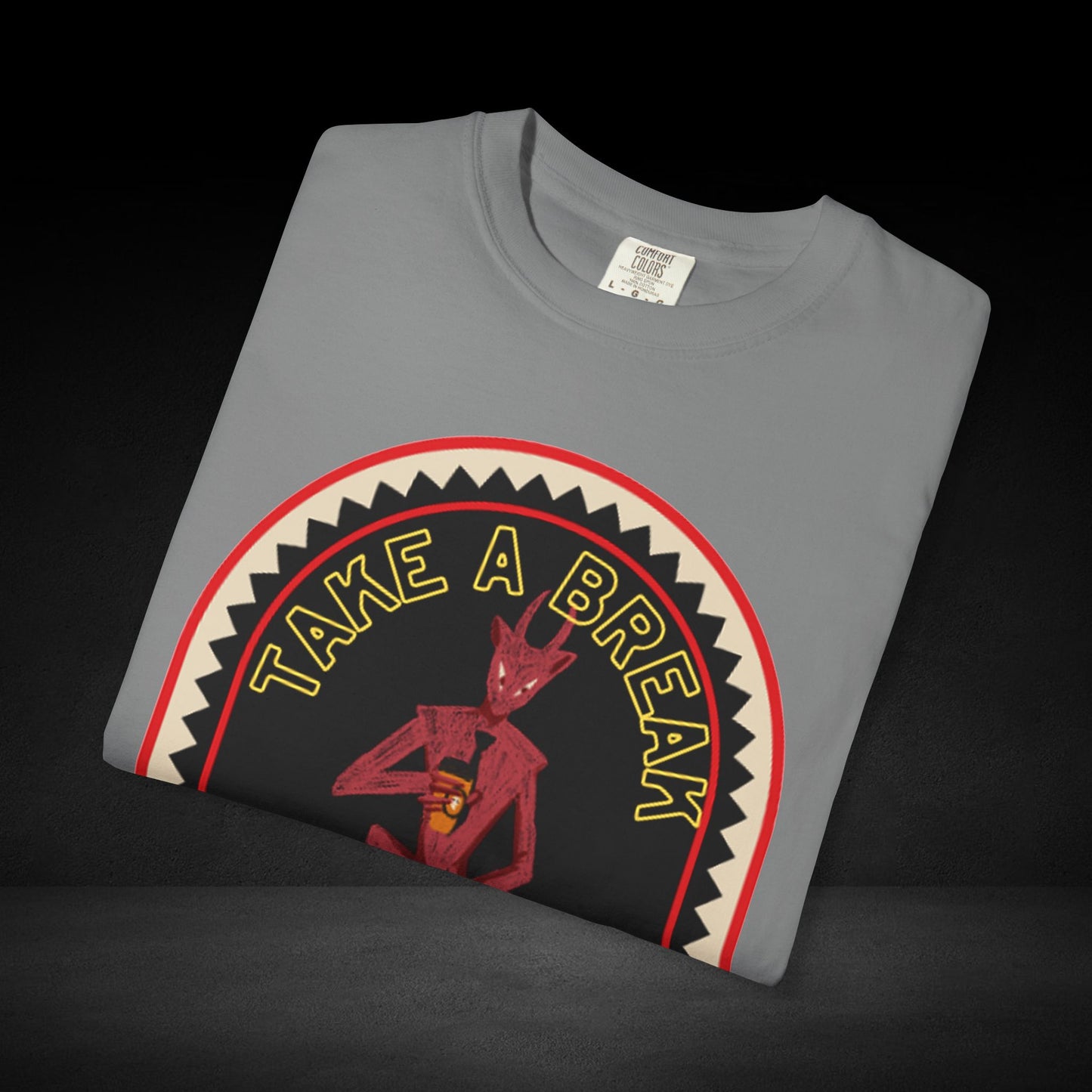 Take a Break Before the Deal Coffee Tee – Devil Holding Coffee Cup Graphic Shirt