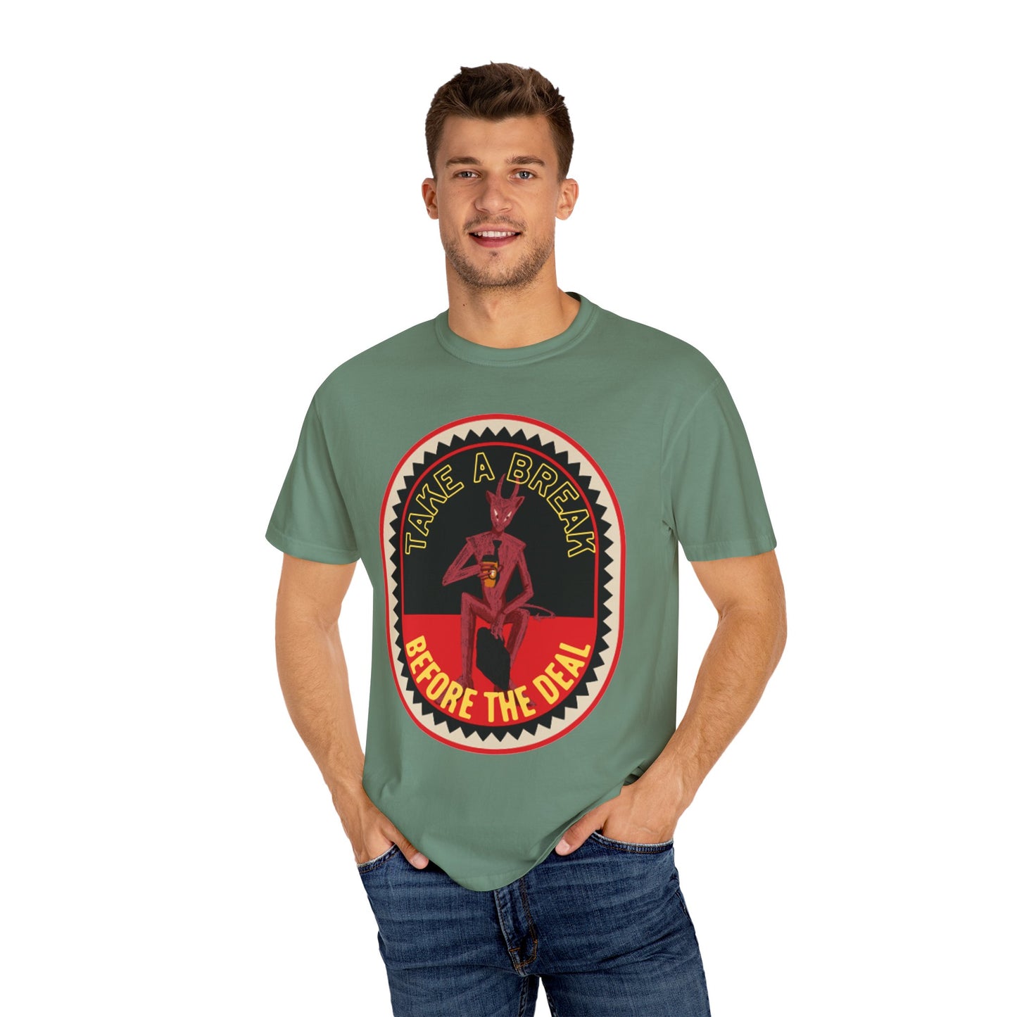 Take a Break Before the Deal Coffee Tee – Devil Holding Coffee Cup Graphic Shirt