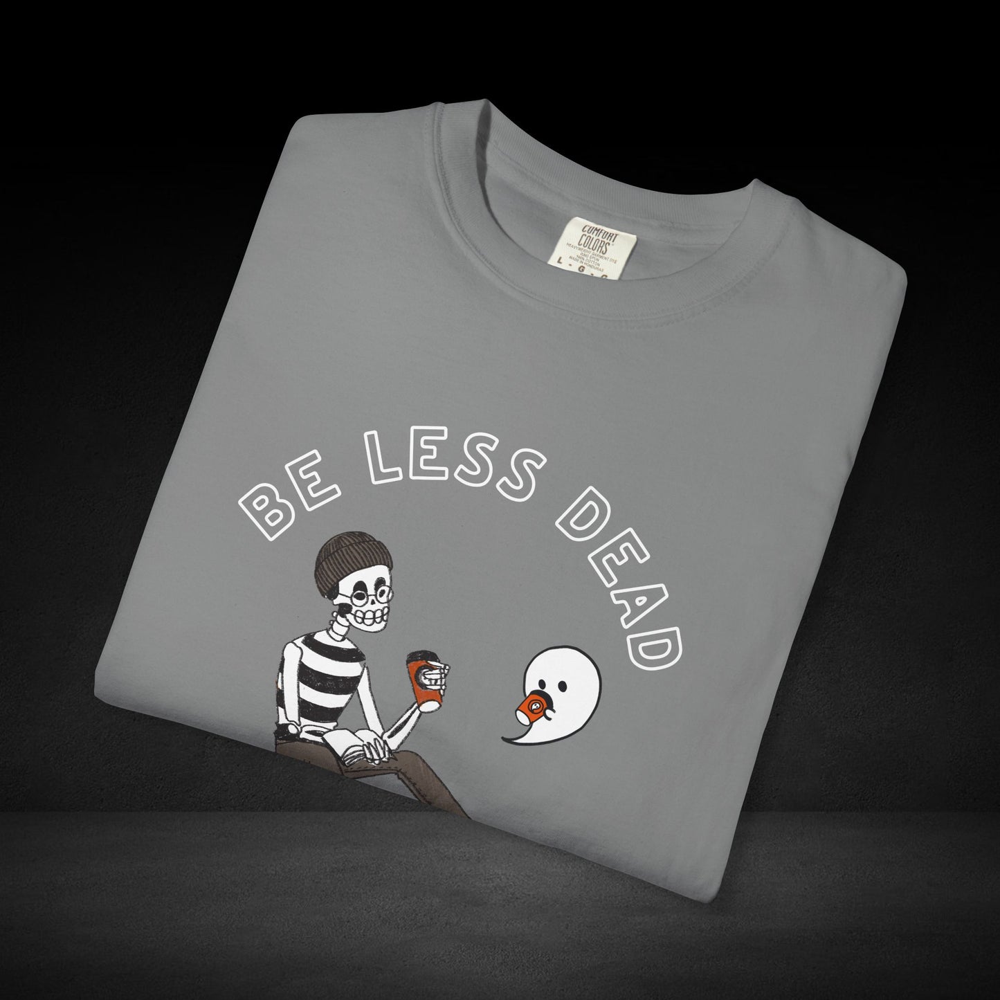 Be Less Dead Coffee Tee – Skeleton and Ghost Sharing a Brew Graphic T-Shirt