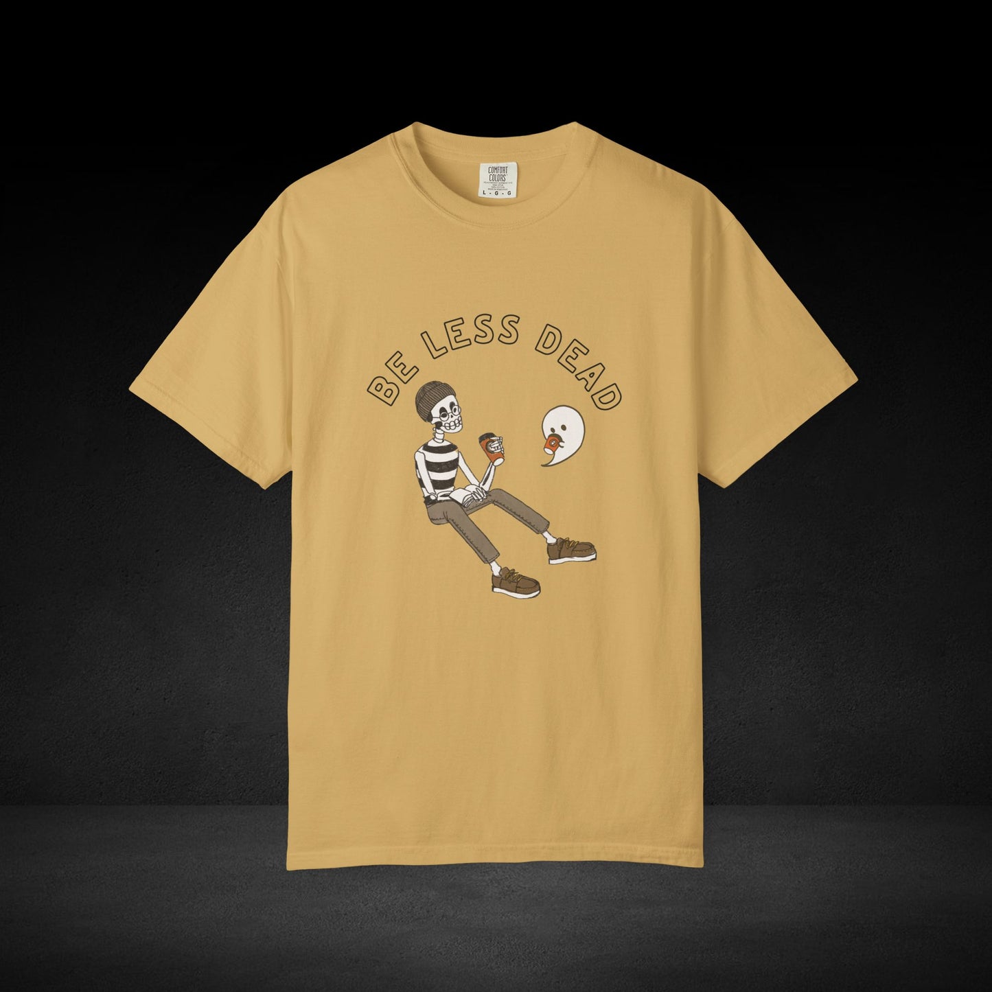 Be Less Dead Coffee Tee – Skeleton and Ghost Sharing a Brew Graphic T-Shirt