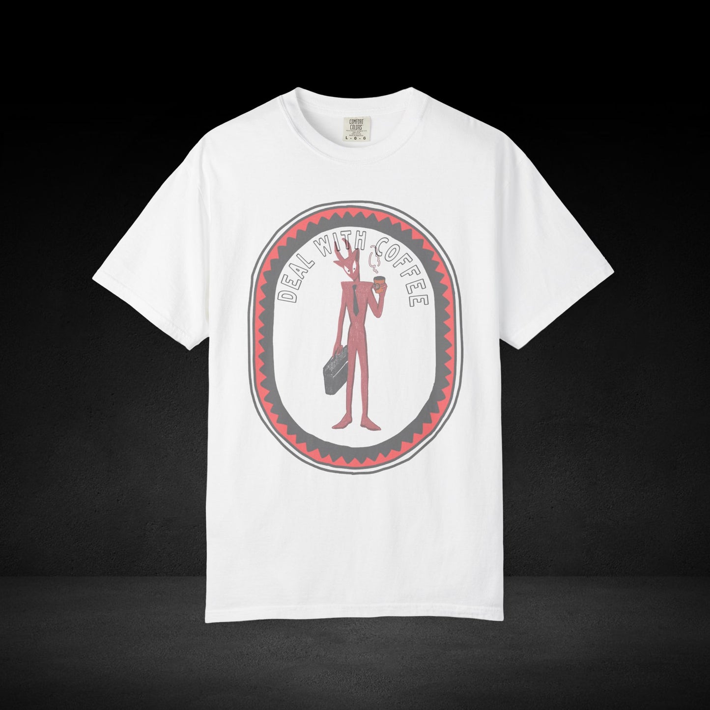 Devil’s Coffee Break Tee – Business Devil with Briefcase and Coffee Cup Graphic Shirt