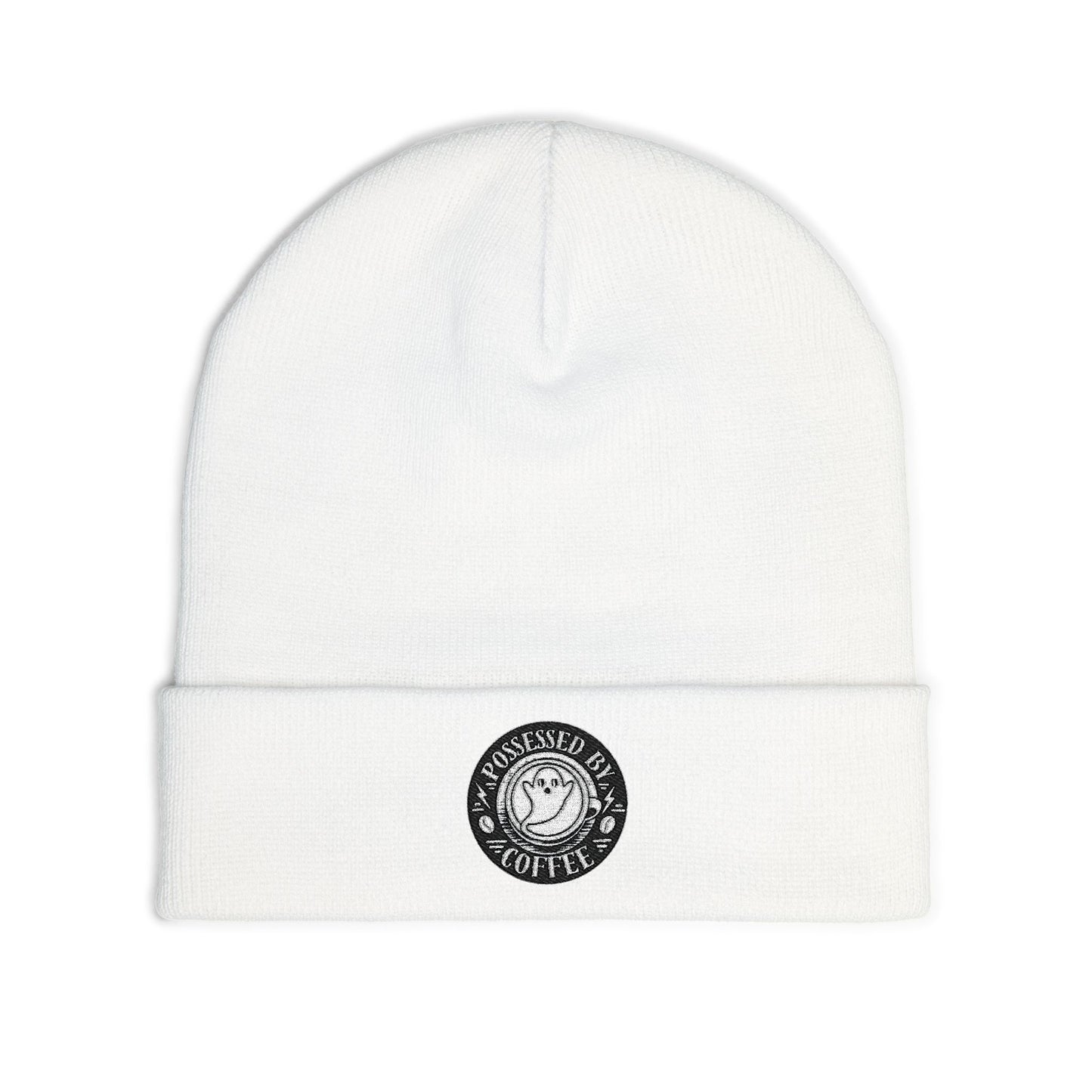 Embroidered Possessed By Coffee Knit Beanie - B&W