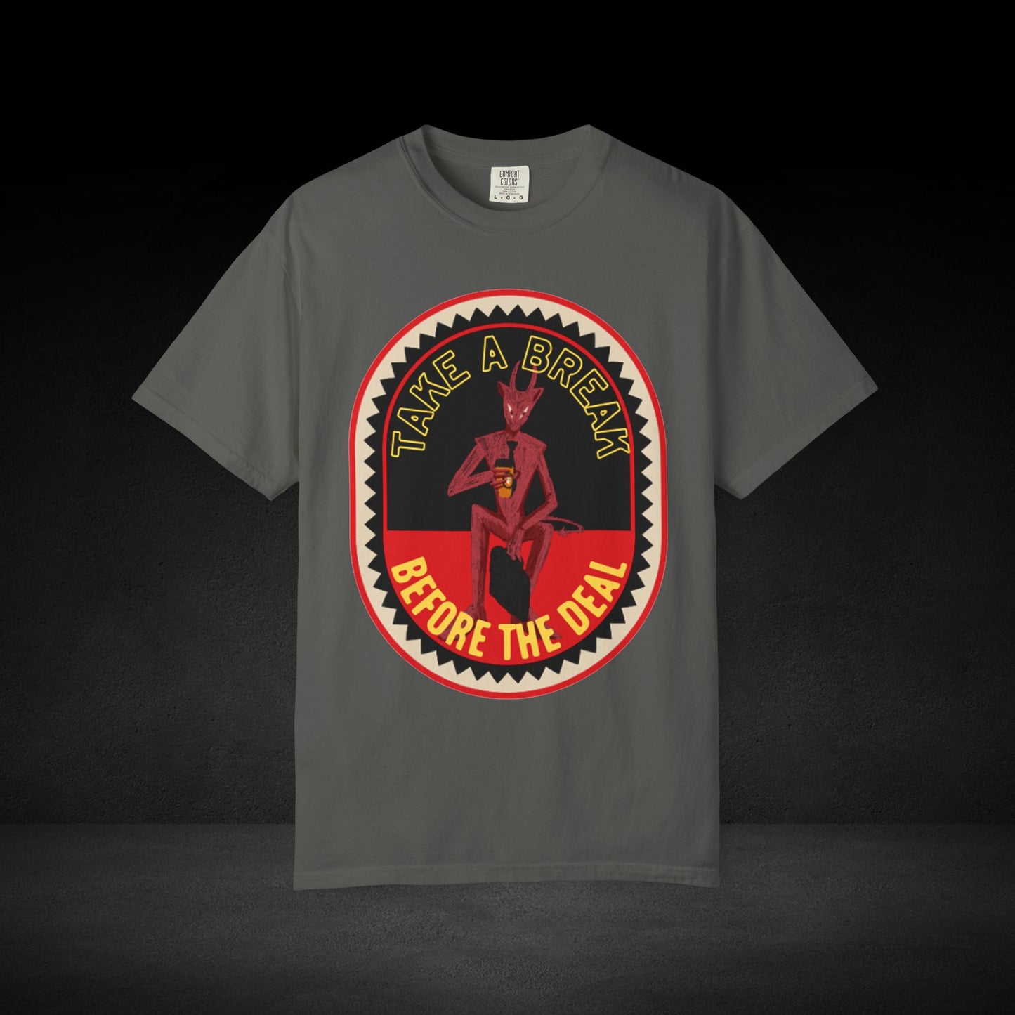 Take a Break Before the Deal Coffee Tee – Devil Holding Coffee Cup Graphic Shirt