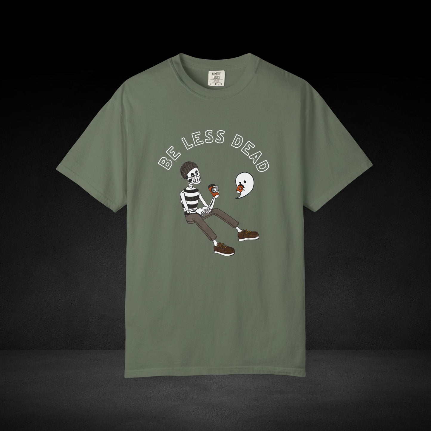 Be Less Dead Coffee Tee – Skeleton and Ghost Sharing a Brew Graphic T-Shirt