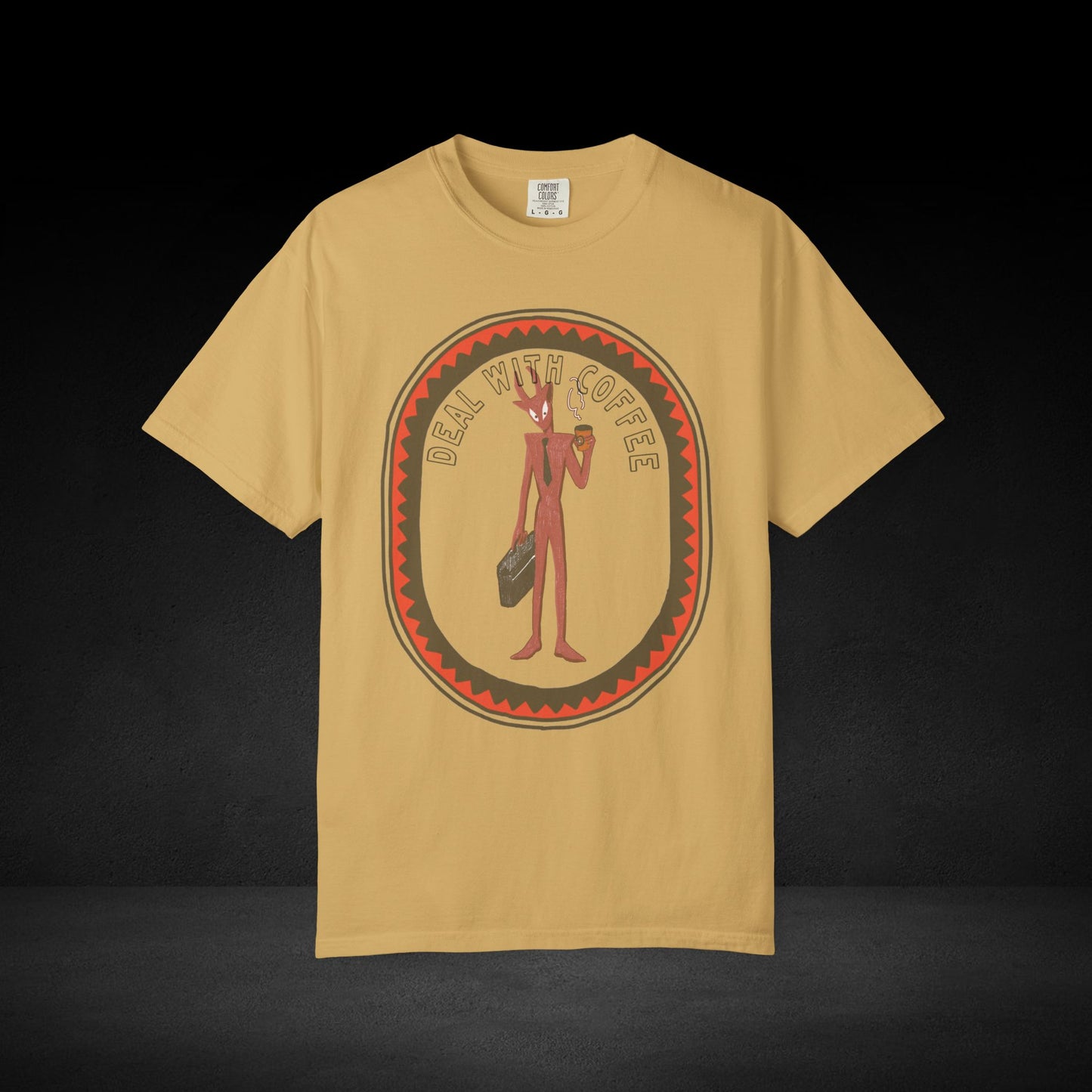 Devil’s Coffee Break Tee – Business Devil with Briefcase and Coffee Cup Graphic Shirt