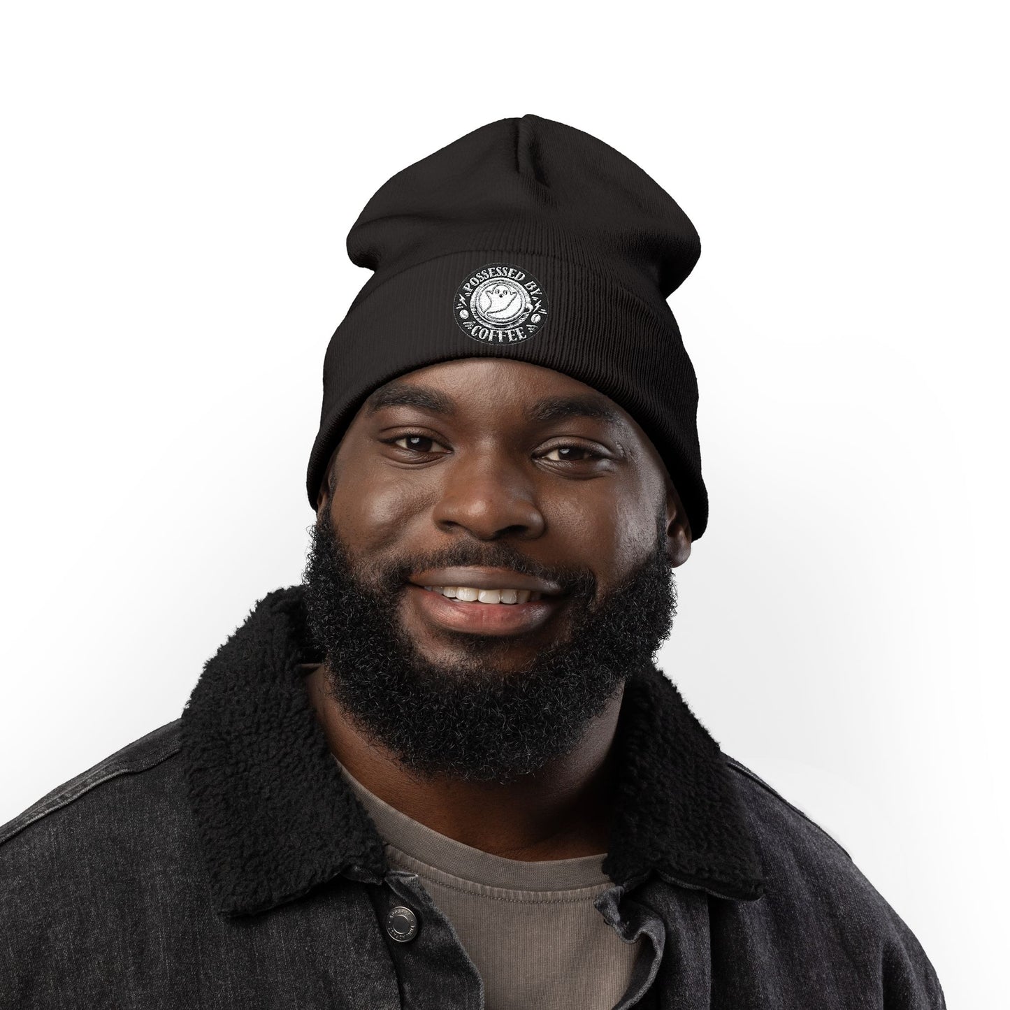 Embroidered Possessed By Coffee Knit Beanie - B&W