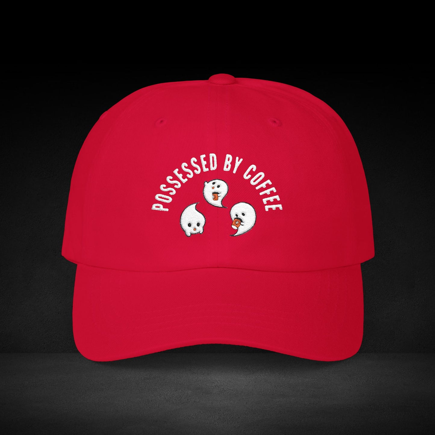 Possessed by Coffee Ghost Trio Cap – Cute Spooky Coffee Lover Baseball Hat