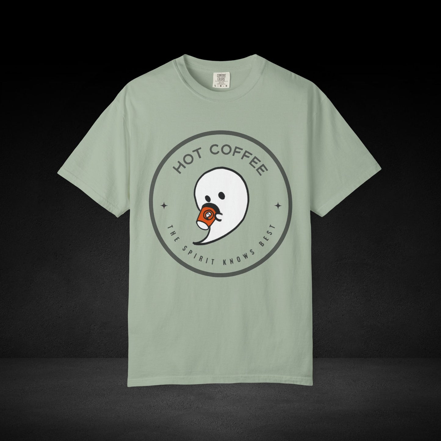 Hot Coffee Ghost Tee – “The Spirit Knows Best” Coffee Lover Graphic Shirt