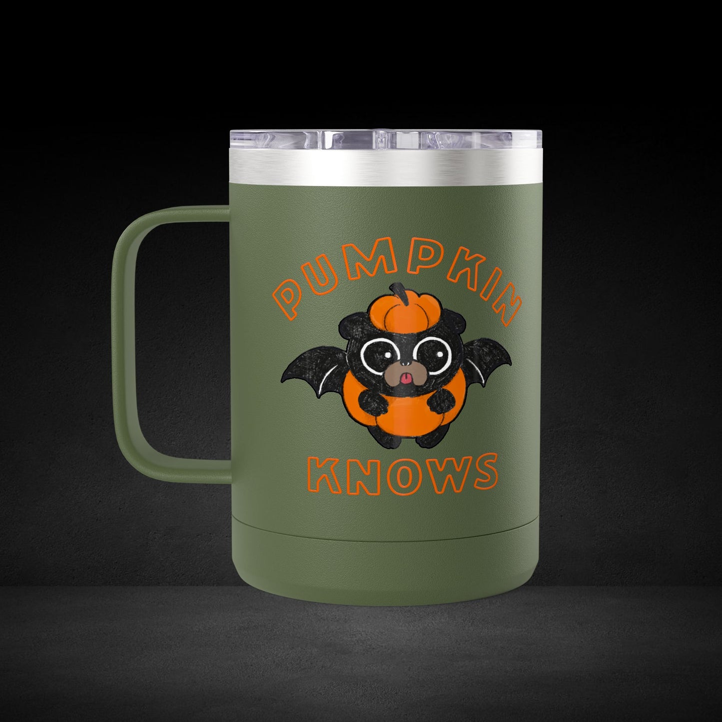 Pumpkin Knows Coffee Mug – Cute Bat in Pumpkin Design - Possessed by Coffee Travel Mug