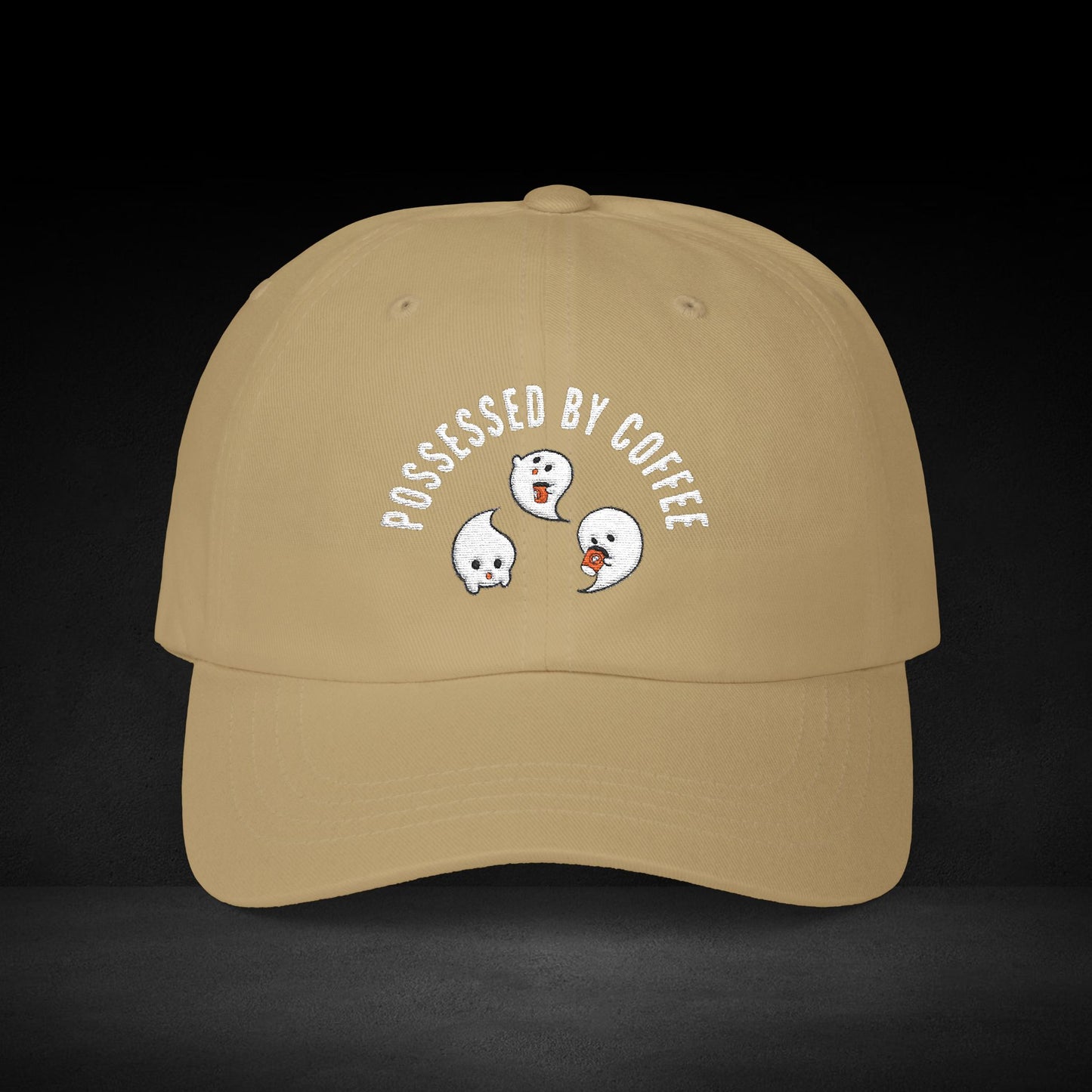 Possessed by Coffee Ghost Trio Cap – Cute Spooky Coffee Lover Baseball Hat