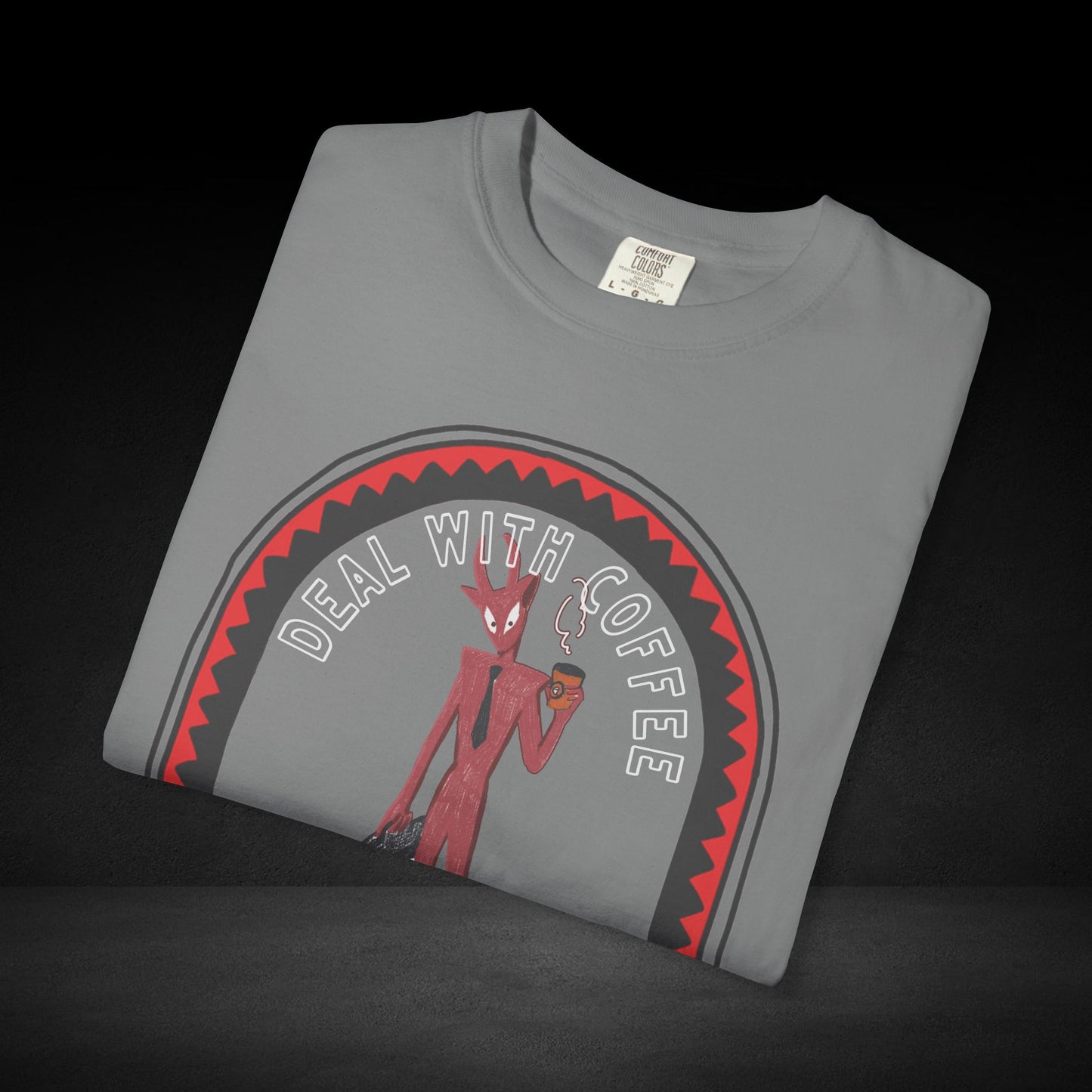 Devil’s Coffee Break Tee – Business Devil with Briefcase and Coffee Cup Graphic Shirt