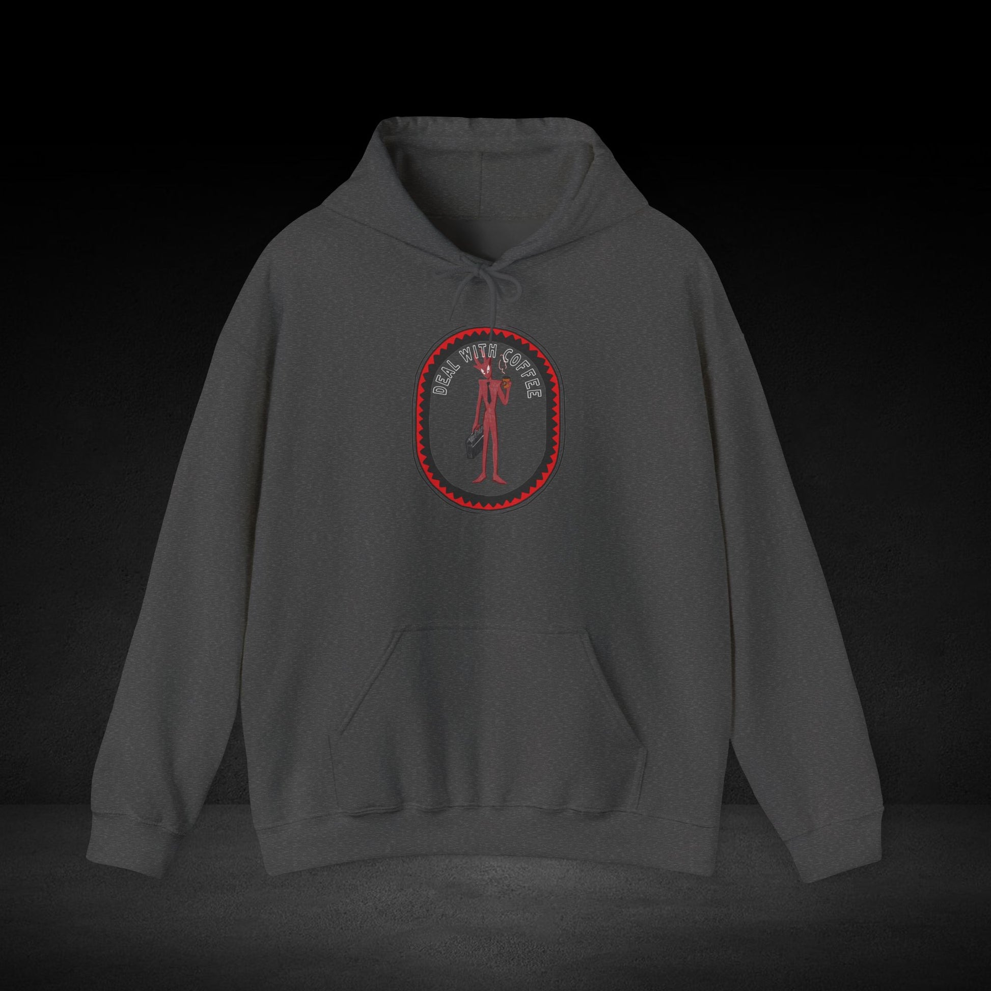 A gray hoodie with a red circular logo featuring a figure in a red suit.