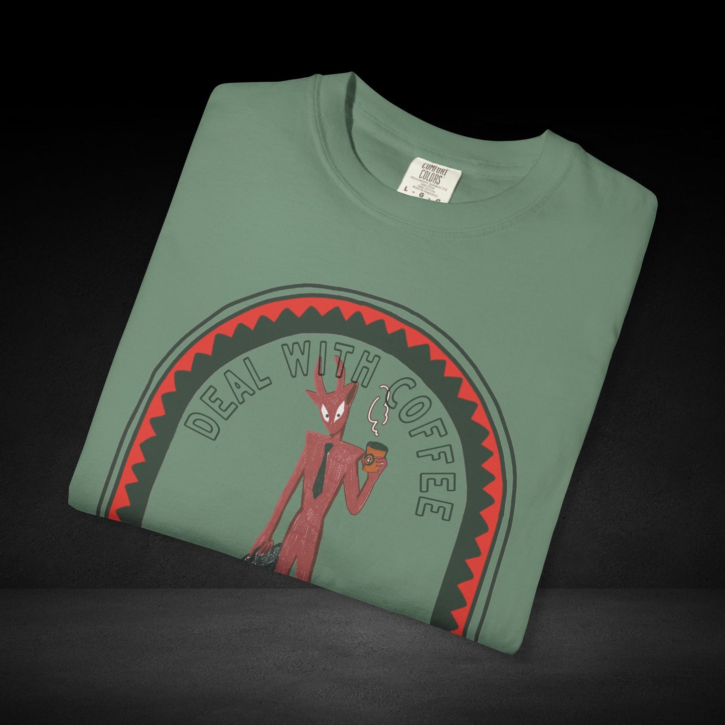 Devil’s Coffee Break Tee – Business Devil with Briefcase and Coffee Cup Graphic Shirt