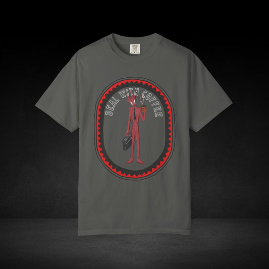Devil’s Coffee Break Tee – Business Devil with Briefcase and Coffee Cup Graphic Shirt