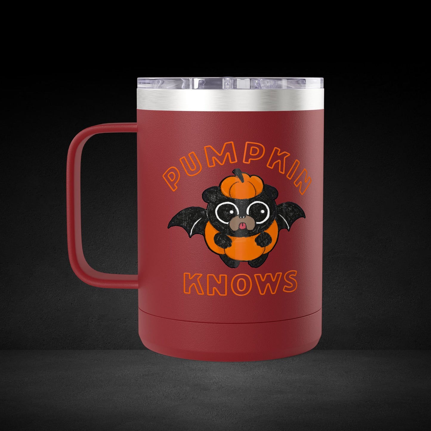 Pumpkin Knows Coffee Mug – Cute Bat in Pumpkin Design - Possessed by Coffee Travel Mug
