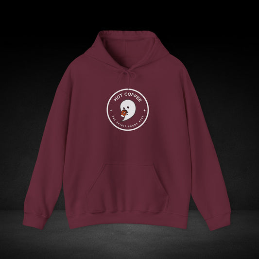 A burgundy hoodie with a white circular logo on the front, which says "HOT COFFEE" and features a small ghost-like figure.