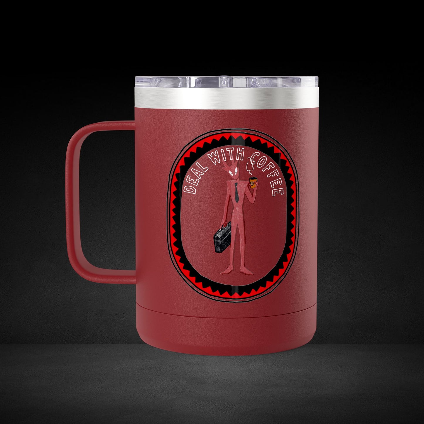 Deal With Coffee Devil Travel Mug - Business Professional Coffee Cup with Vintage Badge Design