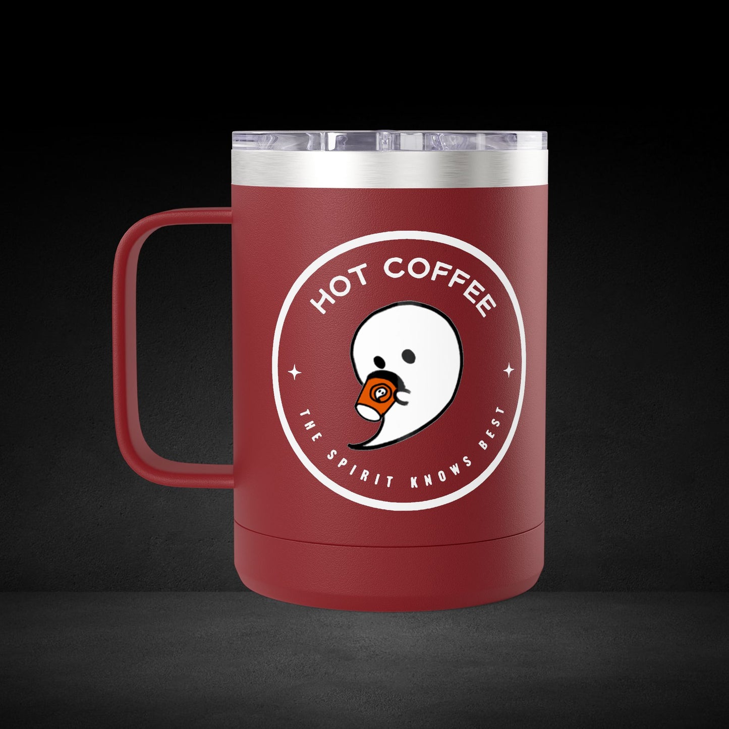 Hot Coffee The Spirit Knows Best Ghost Travel Mug - Minimalist Badge Design Coffee Cup
