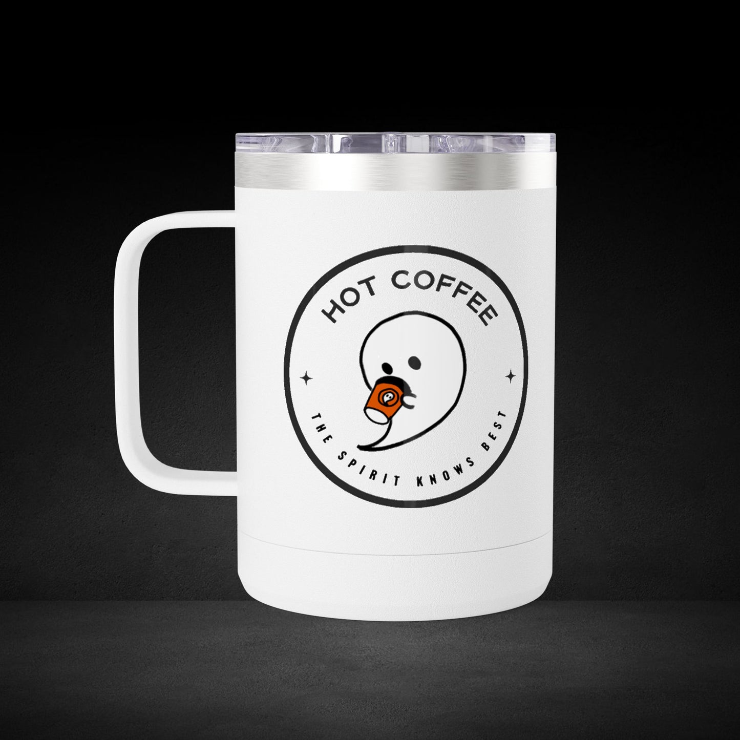 Hot Coffee The Spirit Knows Best Ghost Travel Mug - Minimalist Badge Design Coffee Cup