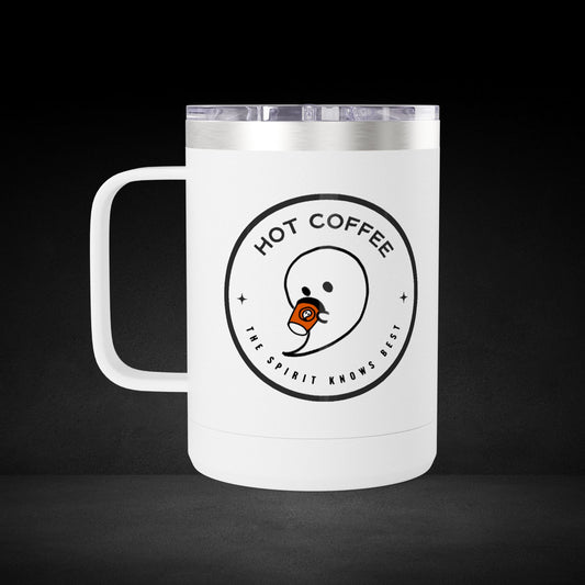 Hot Coffee The Spirit Knows Best Ghost Travel Mug - Minimalist Badge Design Coffee Cup