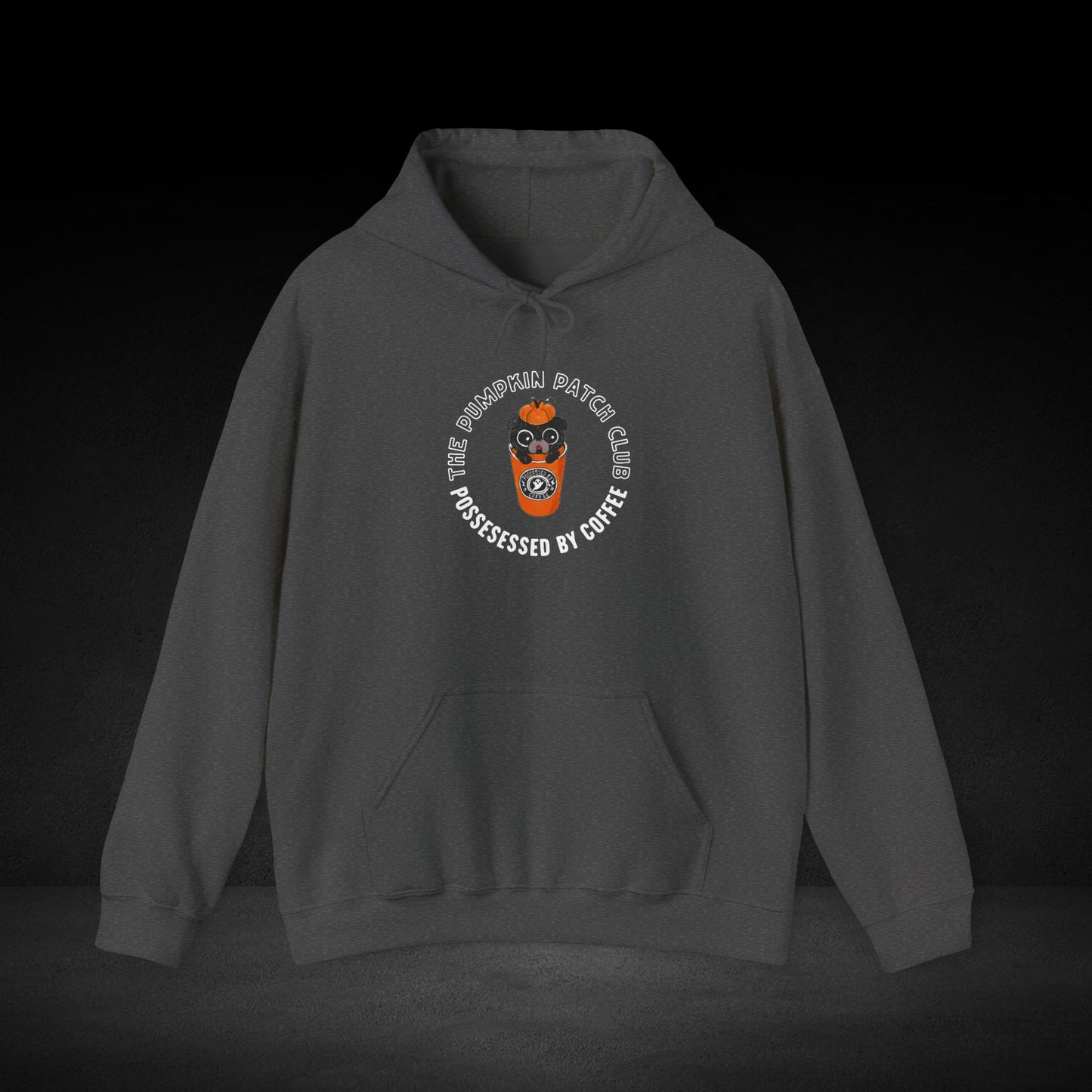 A gray hoodie with a circular logo on the front.