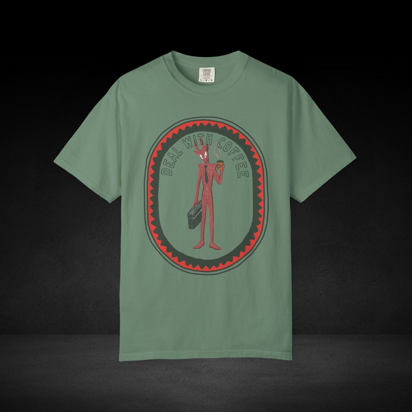 Devil’s Coffee Break Tee – Business Devil with Briefcase and Coffee Cup Graphic Shirt