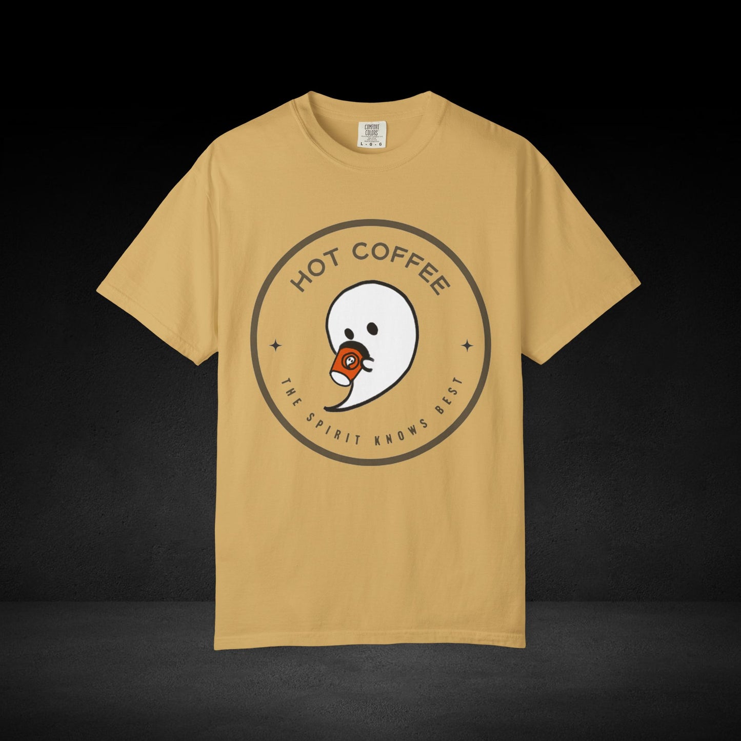 Hot Coffee Ghost Tee – “The Spirit Knows Best” Coffee Lover Graphic Shirt