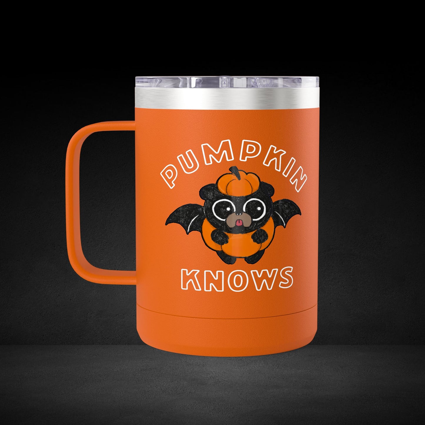 Pumpkin Knows Coffee Mug – Cute Bat in Pumpkin Design - Possessed by Coffee Travel Mug