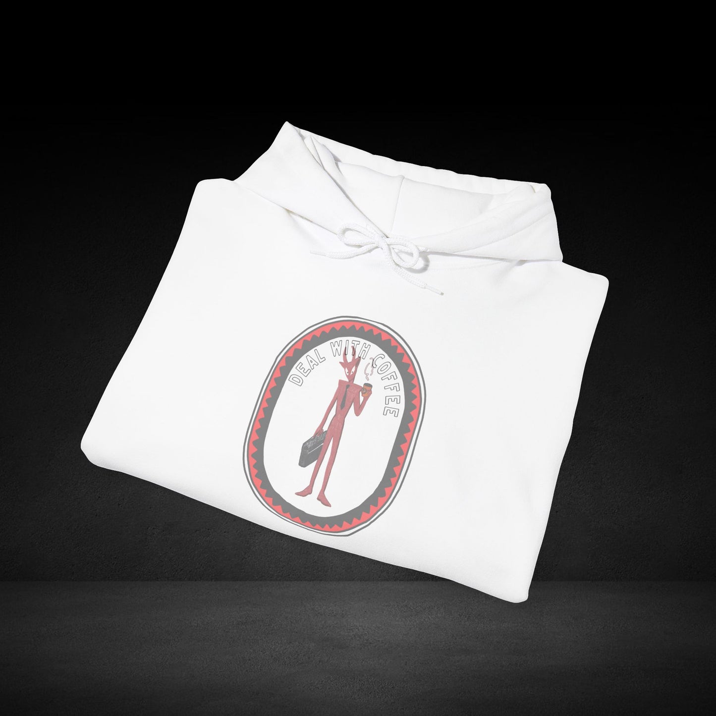 A white hoodie with a graphic design on it, featuring a red and black circular logo with the text "DEEPLY WITCH COFFEE" inside.