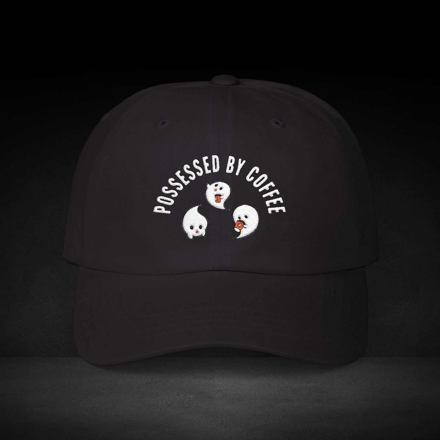 Possessed by Coffee Ghost Trio Cap – Cute Spooky Coffee Lover Baseball Hat