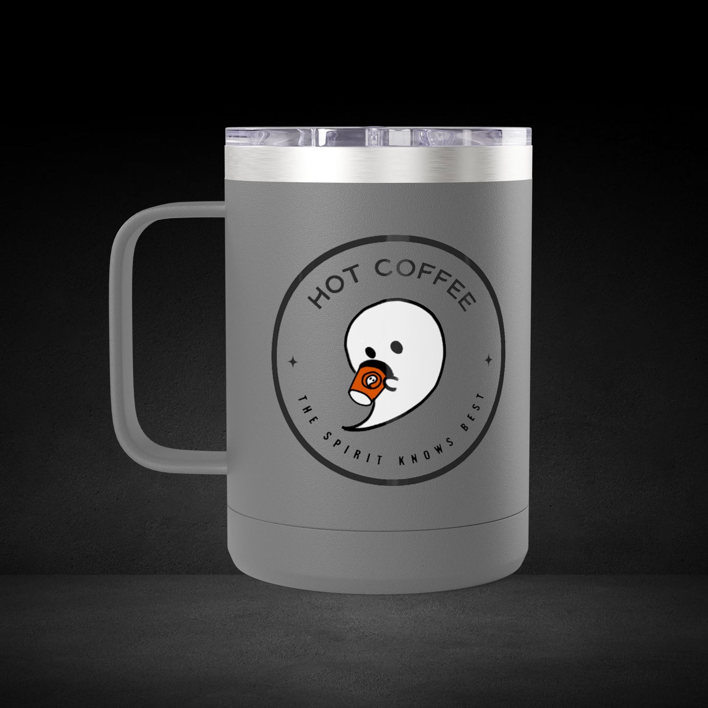 Hot Coffee The Spirit Knows Best Ghost Travel Mug - Minimalist Badge Design Coffee Cup